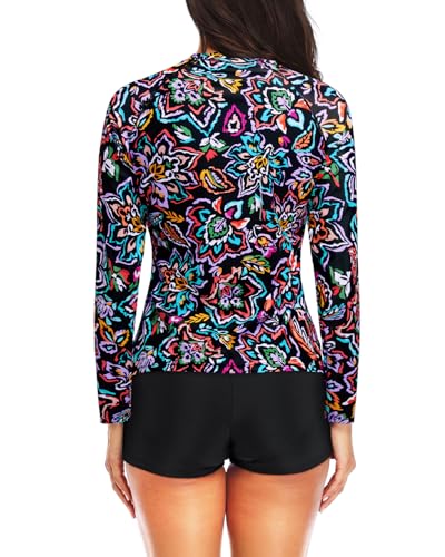 Image of Daci Women Two Piece Rash Guard Long Sleeve Swimsuits UV UPF 50+ Swim Shirt Bathing Suit with Boyshort Bottom