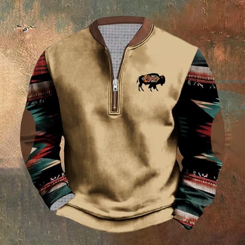 Quarter Zip Pullover Men Aztec Ethnic Printing Sweatshirts Long Sleeve Vintage Style Pullover Casual Slim Fit Shirts2