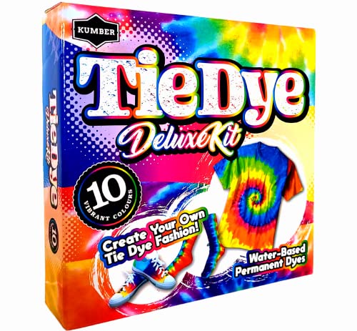 KUMBER Tie Dye Kit Kids & Adults - 10 Colours with Extra Dye Powder Rubber Bands Gloves Surface Cover & Funnel - Art and Craft Kit for Kids and Adults - Fabric Dye for Clothes Games & Activities