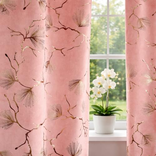 Image of Devsang Golden Foil 5 Feet Window Velvet Curtains Pack of 1, Pink