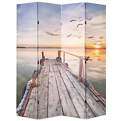 Biombo plegable de 160 x 170 cm con marco de madera de abeto estable y diseño de lago en ambos lados, biombo para exteriores resistente a la intemperie, como vestuario y protección visual para jardín
