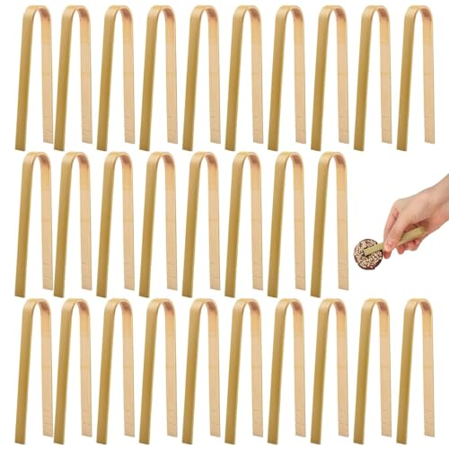 30 PCS Bamboo Mini Tongs for Charcuterie, Food, Toast - Disposable Cooking Utensils, Natural Wooden, For Catering or Home Use