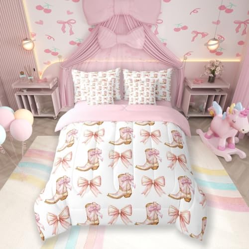 7 Pieces Western Cowgirl Comforter Set Twin,Pink Bowknot Cowgirl Boots Rustic Farmhouse Bedding Set,Bow Tie Geometric Patchwork Golden（Comforter+Fitted+Flat Sheet+2 Pillowcases+2 Throw Pillow Covers） -  Manfei