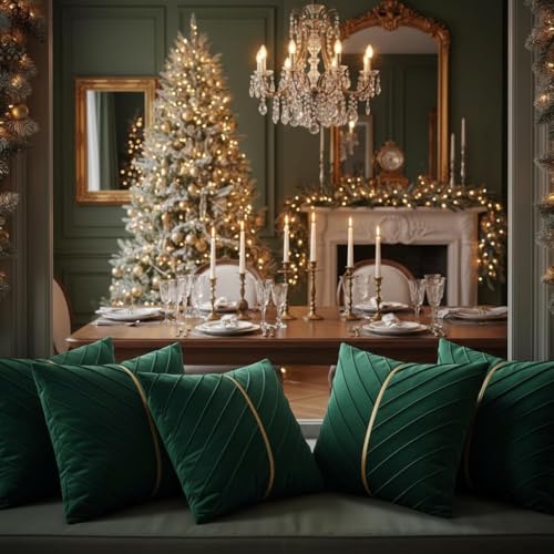 Image of Velvet Throw Pillow Covers 24x24 Pack of 2 Gold Decor Dark Green