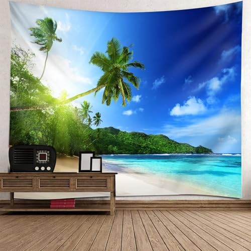 Aotiwe Tapices de pared para hombre, divertido sol, palmeras, mar, playa, paisaje, azul y verde, tapiz de pared para sala de estar, invierno, 83 x 55 pulgadas