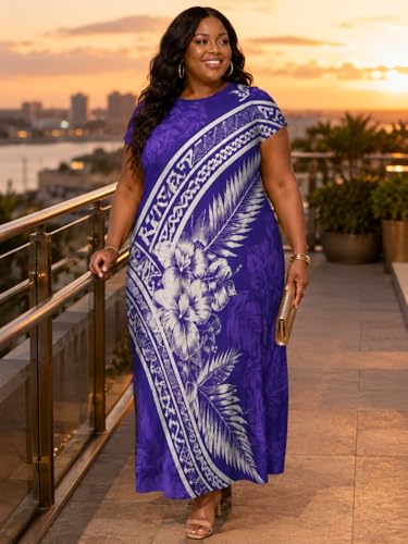 Image of Plus Size Maxi Dress for Women Short Sleeve V Neck Casual Loose Sundress with Pockets