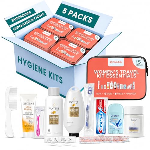 TrekTote 5 Pack Womens Bulk Hygiene Kits Premium Brand-Name Travel Size Toiletries TSA Compliant Pre-Assembled for Shelters Schools & Giveaways