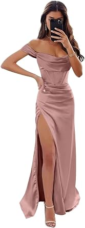 Womens Satin Prom Dress with Slit Off The Shoulder Mermaid Corset Evening Formal Party Gowns