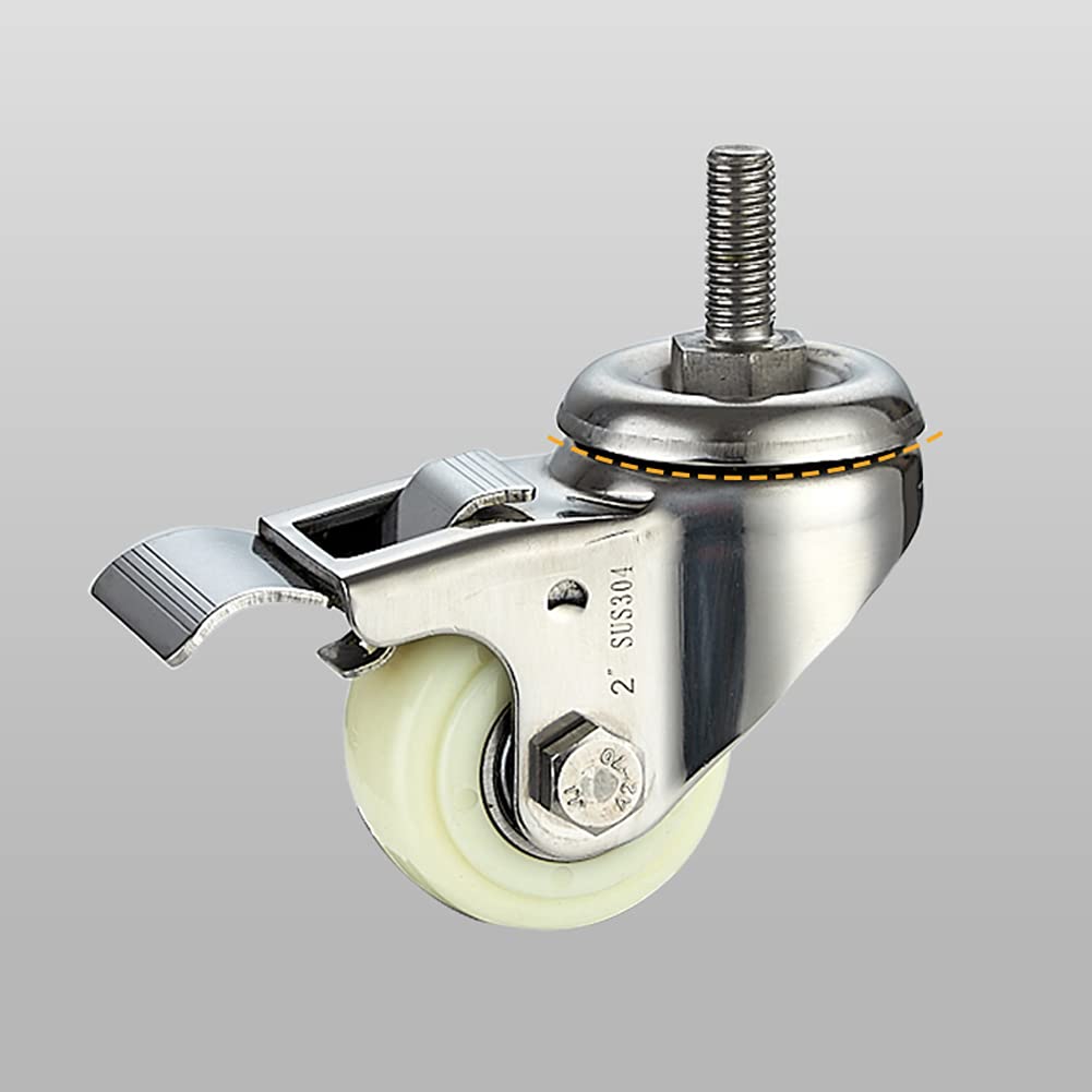 Ruote girevoli con filettatura M10 per mobili, 2 pollici, in acciaio inox 304, resistenti, 480 kg, silenziose, con freno, piccole ruote girevoli per tavolo, scrivania, carrello, 4 pezzi (304STEEL 2 po