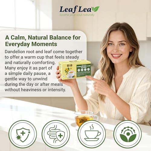 Image of LeafLea Dandelion Root and Leaf Tea Bags, 40 Count, Roasted Dandelion Root Tea Blend, Natural Herbal Tea for Digestion & Wellness, Te de Diente de Leon, Individually Wrapped, Caffeine-Free, No Sugar