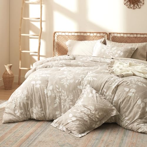 Image of Bedsure Floral Beige Comforter Set, King Bedding Sets, 7 Piece