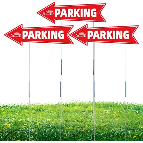 16 X 5 Inch Directional Parking Signs with Arrows - Durable Corrugated Plastic Event Parking Yard Signs Red & White Left & Right Arrow with Stakes (3)