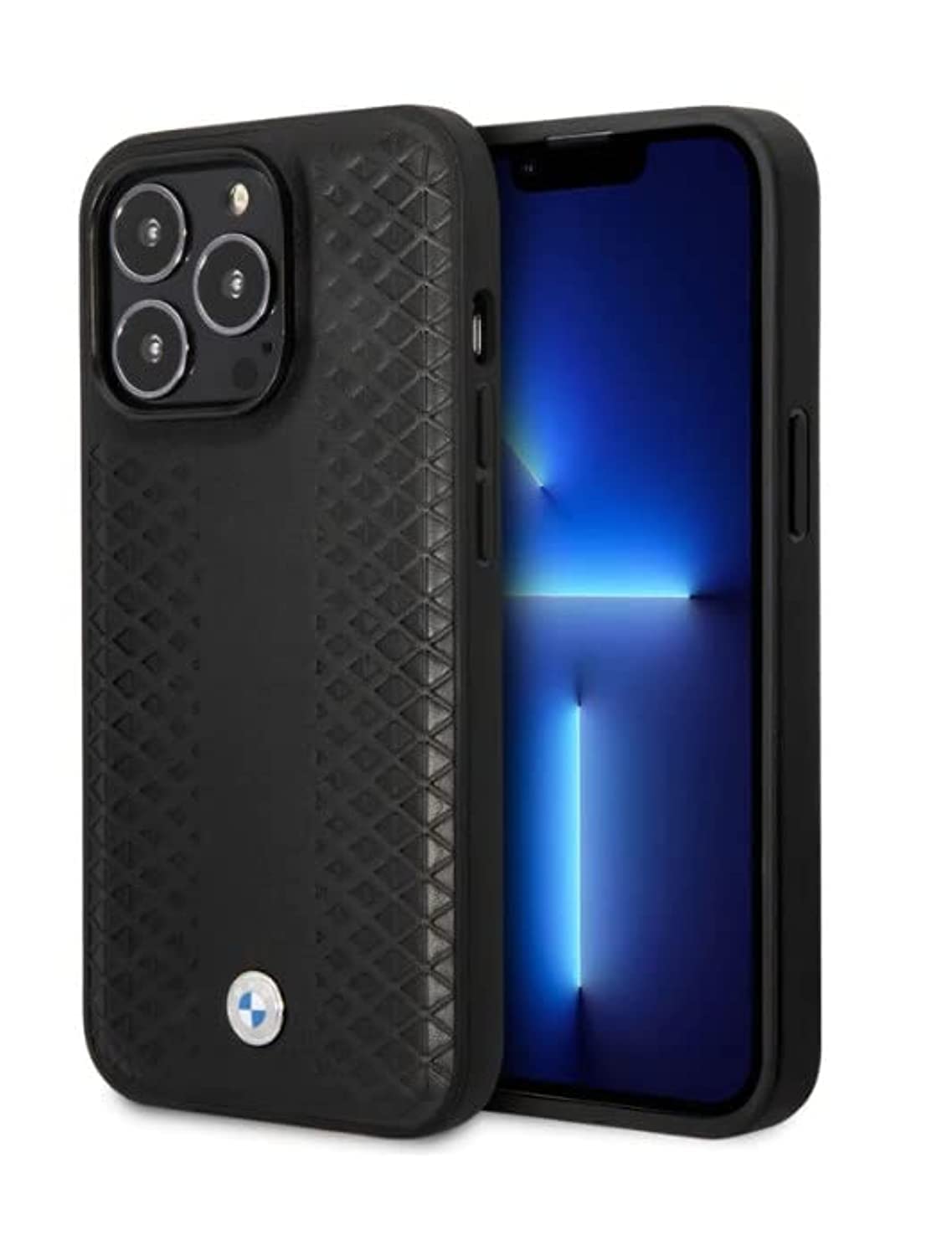 CG MOBILE BMW Compatible With Magsafe Signature Collection Genuine Leather Case With Diamond Hot Stamp Pattern Wireless Chargeable/Protective Cover Compatible With iPhone 14 Pro Max 6.7" (Black)