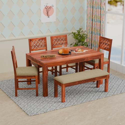 Image of 57 Inch Length Solid Sheesham Wood 6 Seater Dining Table Set | Six Seater Dinner Table with 4 Cushions Chairs & 1 Bench | Dinning Table Set 6 Seater for Living Room | Honey Finish