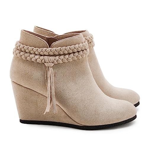 Image of Fashare Womens Wedge Ankle Boots Braided Fringe Strap Western Heeled Fall Booties Dress Shoes