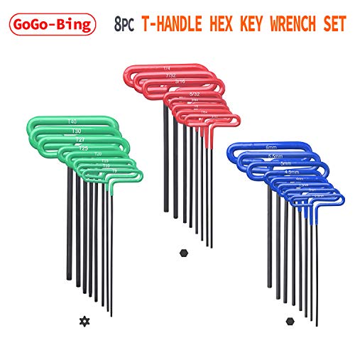 Oerfred Gogobing Cushion Grip Hex T-Key Allen Wrench Sets - 8 Sae 3/32-1/4 Inch & 8 Metric 2.5-6 Mm Sizes & 8 Torx T9-T40, Red&Blue&Green #TOP1