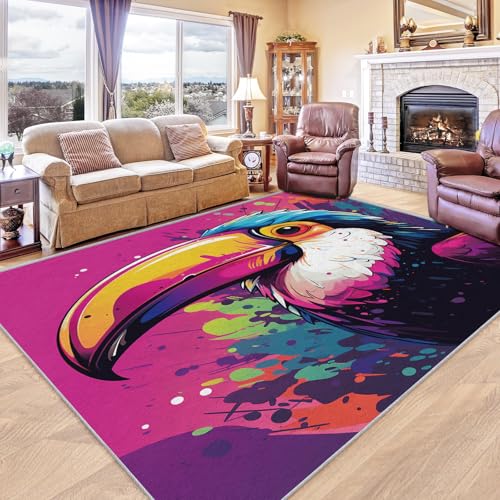 Image of Zvynqour Toucan Rugs for Bedroom 3x5 - Abstract Colorful Tropical Carpet for Living Room, Multicolor Bird Washable Area Rug & Home Decor, Soft Low Pile Non Slip Indoor Floor Mat