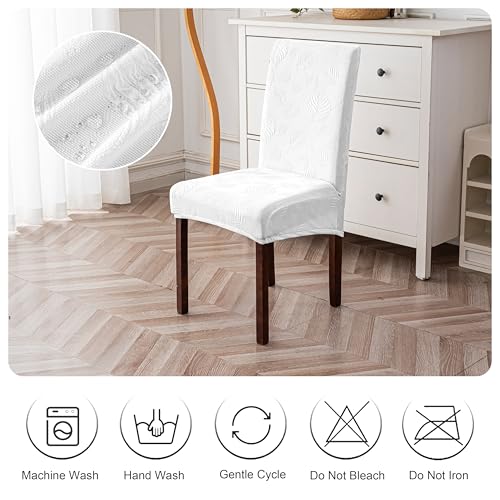 Image of Genina Waterproof Dining Chair Cover Set of 6,Kitchen Chair Cover,White | Stretch Dining Room Chair Slipcovers with Leaf Jacquard,Removable Kitchen Chair Protector for Home,Restaurant,Banquet
