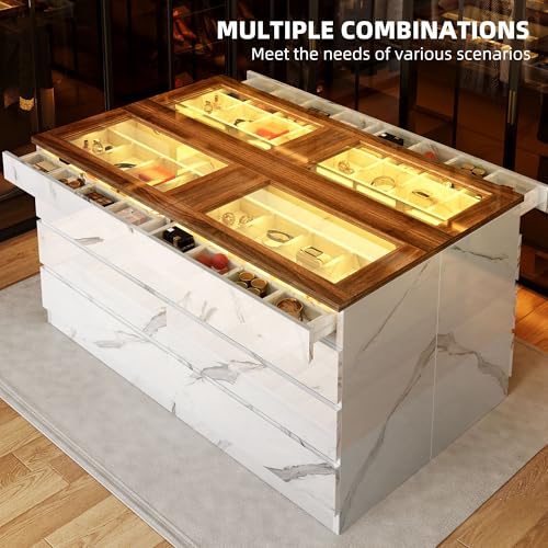 DWVO 8 Drawer Dresser with LED Light,White Marble Dresser, Modern 8 Chest of Drawers with Deep Drawers Glass Top High Gloss Surface, Storage Organizer Cabinet for Living Room, Bedroom