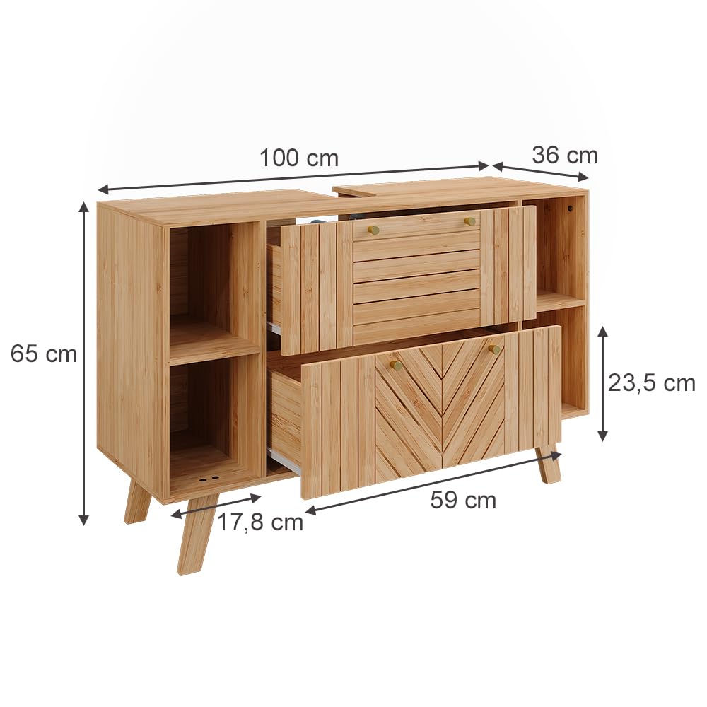 Vicco Meuble sous Vasque Simple Lucie, Bambou, 100x65cm avec 2 tiroirs, Convient au Rangement Peu encombrant des Accessoires de Salle de Bain