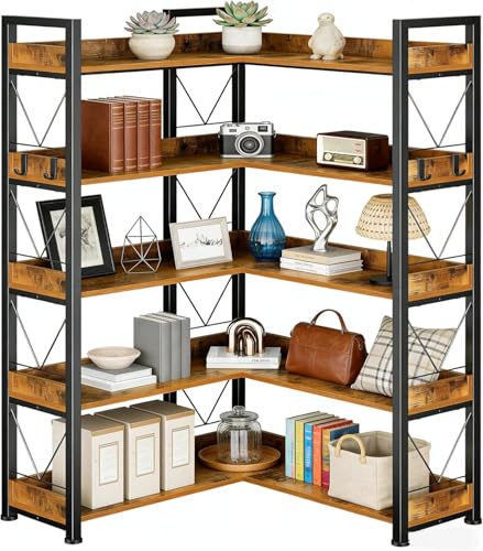 Image of HealSmart 5 Tier L Shape Bookshelf, 65 inch Corner Bookcase with Hooks and Edge, Industrial Wooden Bookcase with Open Shelves and Metal Frame for Living Room, Bedroom, Home Office, Kitchen, Brown