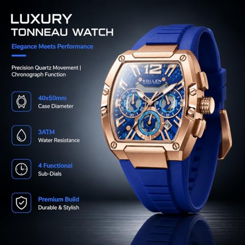 Image of SOLLEN Blue Men's Tonneau Watches, Stylish Chronograph Analog Quartz Watch | Date Window, 24 Hours, Second & Minute Chronograph, 30M Water-resistant, 40x50mm Stainless Steel Case, Silicone Strap, Gift