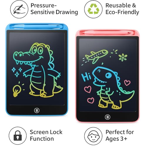 LCD Drawing Tablet for Kids, 2-Pack Doodle Boards with Pens, Stickers & Stencil, Pink & Blue Colour Set for Travel, Car Games, Party Bags & Stocking Fillers, Reusable Mess-Free Writing Pads - Image 2