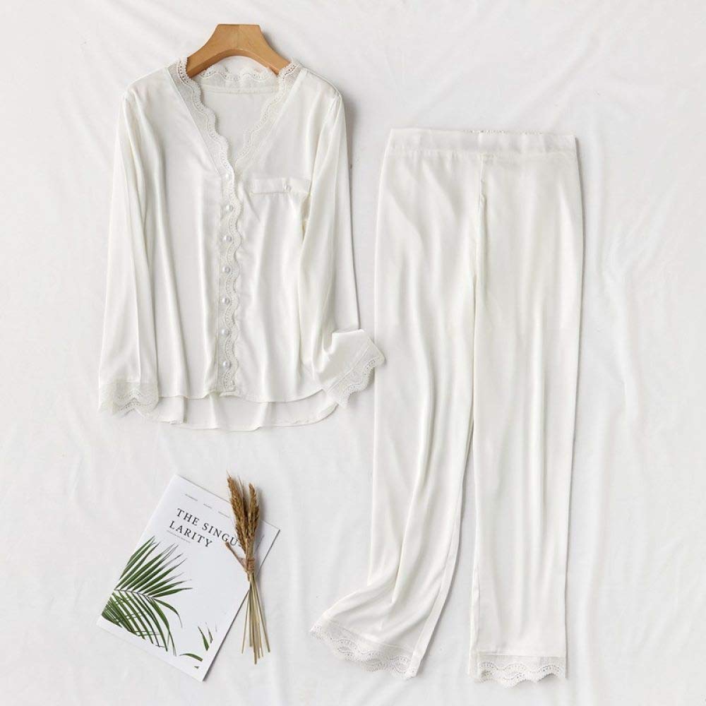 Pijamas De Mujer,Conjunto De Pijama De Satén De Seda De Hielo De 2 Piezas Elegante Con Cuello En V Ropa De Dormir Fina Con Botones Y Manga Larga De Color Puro Pantalones Comfy Loungewear Para Damas,