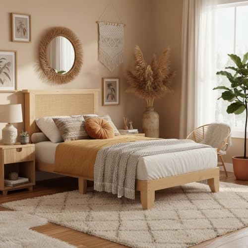 Garvee Twin Rattan Bed Frame, Bohemian Rattan Bed Frame Twin with Natural Headboard, LED Lights, No Box Spring Needed, Twin