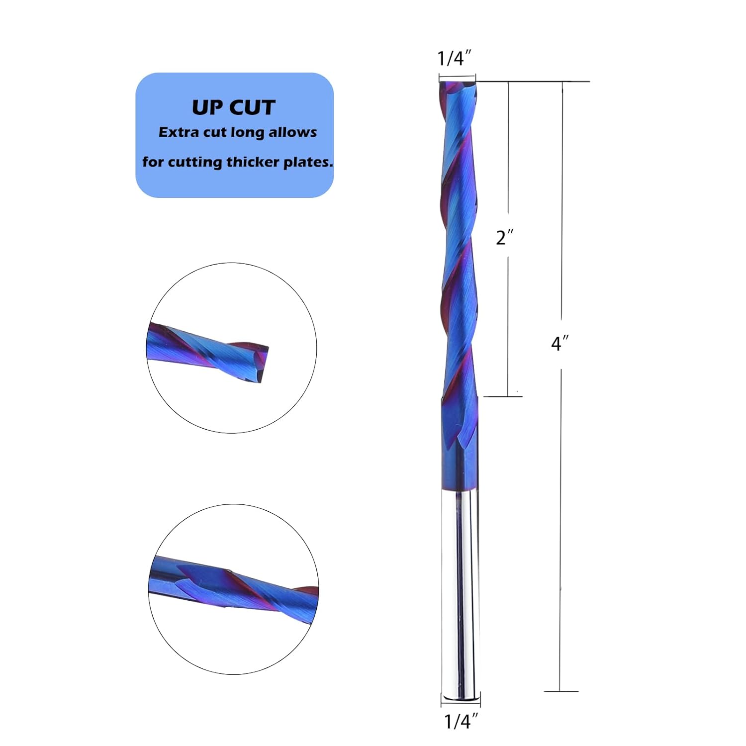 UTM42 2Pcs Extra Long Upcut Spiral Router Bit 1/4 Inch Shank, 1/4 Inch Cutting Diameter, 4 Inch OVL, Solid Carbide with NACO Coating End Mill CNC Router Bits for Woodwork Mortise Slot Trim