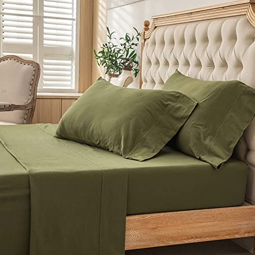 Pure Era Jersey Knit 4Pc Bed Sheet Set 100% T-Shirt Cotton Super Soft Comfy Breathable Fits Mattress Up To 20" Extra Deep Pocket (Olive Green, Cal King) #TOP4