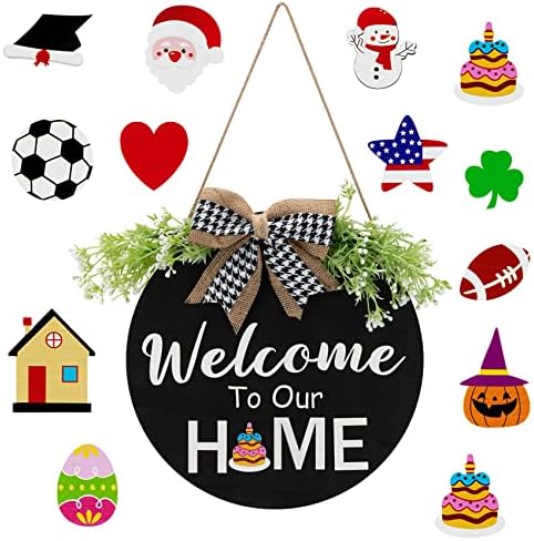 Interchangeable Welcome Sign for Front Door, Wood Rustic Home Decor, Door Wreath Hanging Decor Indoor, Outdoor, Farmhouse, Porch, for Spring Summer Fall Halloween Christmas, Easter Gift