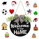 Interchangeable Welcome Sign for Front Door, Wood Rustic Home Decor, Door Wreath Hanging Decor Indoo