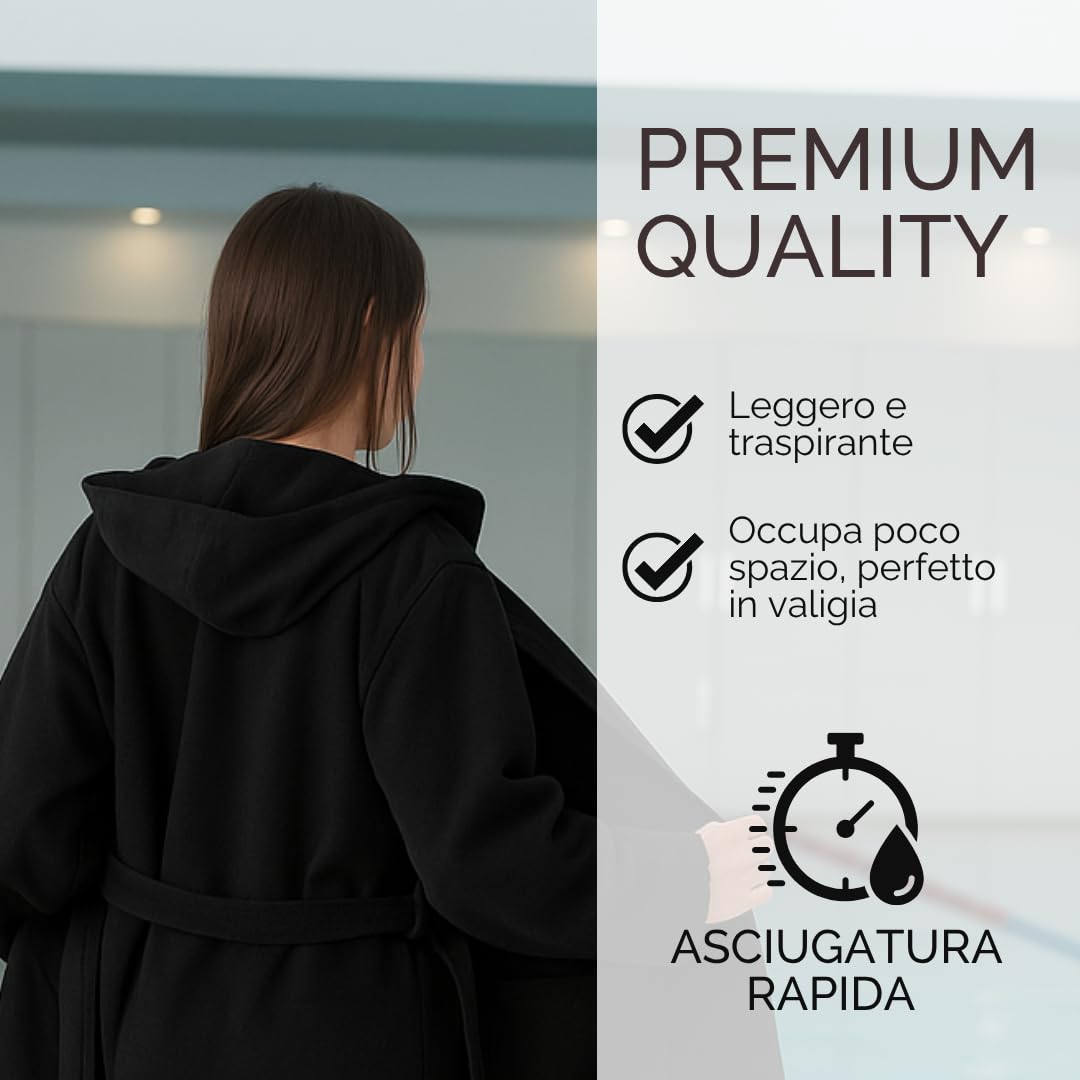 Accappatoio in microfibra premium con Cappuccio, Unisex, pratico per il viaggio e la palestra con comoda custodia in pvc, Uomo Donna
