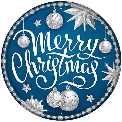 Round Metal Tin Sign Rustic Wall Decor Wall Plaque Christmas Wreath Sign Merry Christmas Blue and Silver Ornament Door Hanging Wall Decoration Bar Home Round 12X12 Inches (12x12IN, A001)