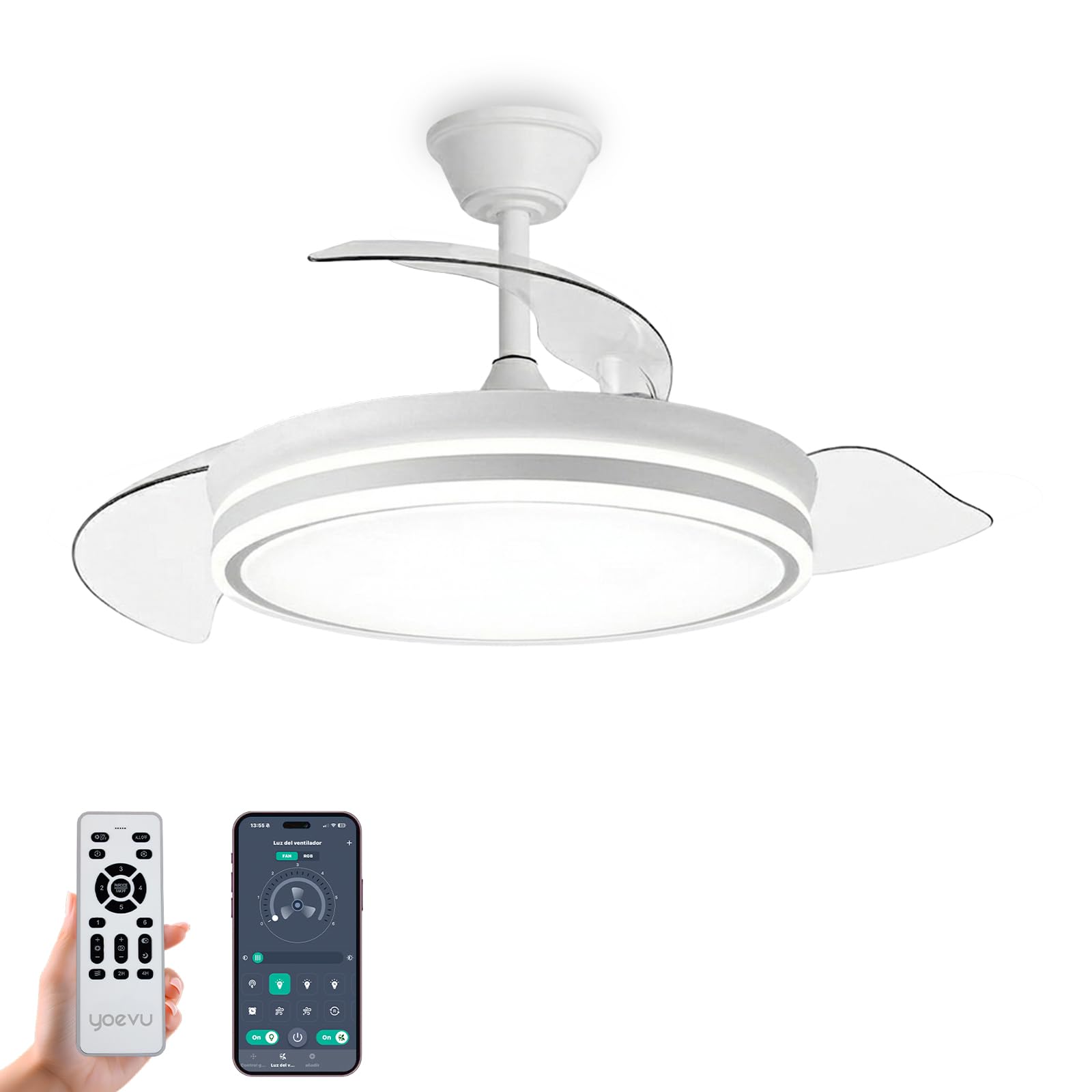 YOEVU EOS ONE Ventilador de Techo 72W con Luz LED Regulable, Aspas Retráctiles, Mando a Distancia + APP Bluetooth, Silencioso, Iluminación Ajustable, Bajo Consumo