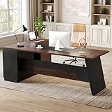LITTLE TREE 78-Inch Executive Office Desk with File Cabinet, Large Modern Corner Office Desk for Home Office, 3-Drawer Wood File Cabinet, Spacious Workstation for Home Office (Brown & Black)