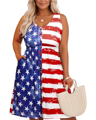 Image of Holipick Women's Plus Size Summer Dresses for Women Casual Dress with Pockets A-Line Swing Button Down Sleeveless V Neck