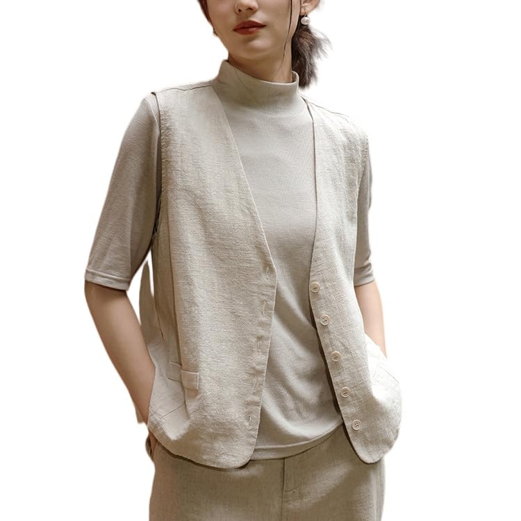Gilet en pur lin pour femme, l'élégance intemporelle d'un tailleur sans manches à col en V