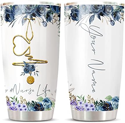 CHICKOR Nurse Coffee Mug Travel - Blue Navy Gold Floral Nursing Tumbler , Nurselife Nurse Tumbler Personalized , Nurselifern Nurse Thermal Mug , Labor And Delivery Nurse Gifts
