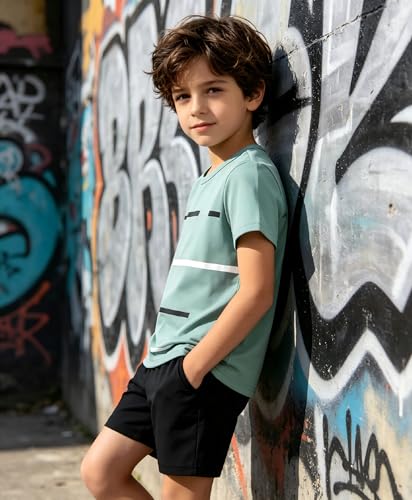 Image of 4-8T Toddler Boys 2-Piece Summer Casual Outfit Striped Print Short Sleeve T-Shirt & Shorts Set
