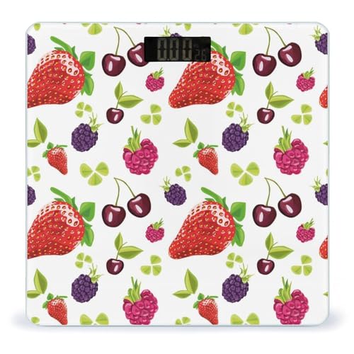 Báscula digital de frutas de fresa colorida para peso corporal, pantalla LCD brillante, báscula digital para baño con encendido y apagado automático, superficie de vidrio templado resistente Báscula digital de frutas de fresa colorida para peso corporal, pantalla LCD brillante, báscula digital para baño con encendido y apagado automático, superficie de vidrio templado resistente