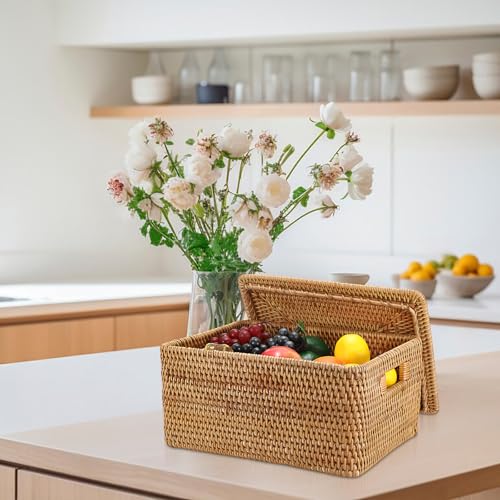 Hipiwe Wicker Storage Bins with Lid Handwoven Rattan Baskets Rectangular Decorative Shelf Baskets Bin with Handles Household Basket Boxes for Home Organizing,13.2"L x10.2"W x6.7"H - Image 4