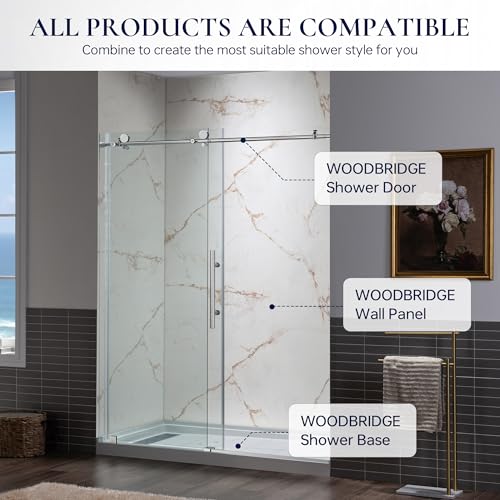 Image of WOODBRIDGE 48 inchW x 36 inchD x 96 inchH 3-Piece Solid Surface Shower Wall Panels, Beige Marble with Soft Brown Veining, Trimmable, Quick Install, BRW-4836-CO96