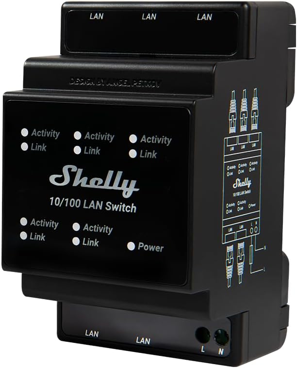 Shelly LAN Switch for DIN Rail, 5 RJ45 Connectors, Easy Installation and Configuration