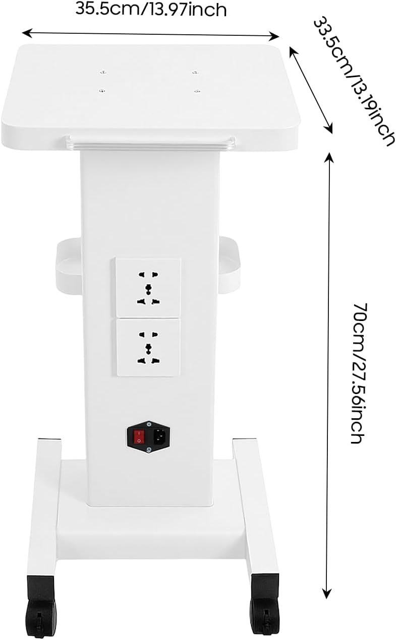 White Beauty Equipment Cart on Wheels, 2-Tier Mobile Beauty Salon Rolling Trolley Cart, Multi-Purpose Metal Hair Spa Tattoo Rolling Salon Trolley Tray with 2 Sockets,Load 99lbs