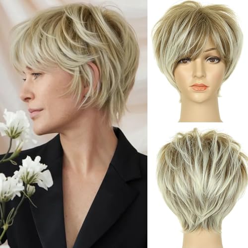 QUEENTAS Pixie Short Blonde Wig with Bangs Pixie Cut Wig Blonde with Dark Roots Synthetic Hair Wigs for White Women (Ombre Brown Blonde)