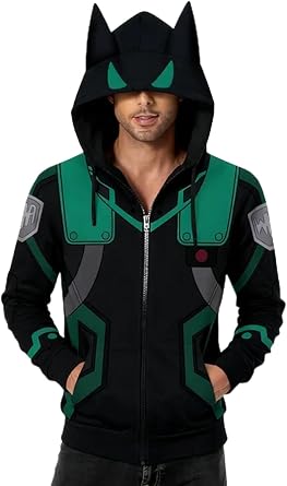 FUAUFAS Izuku Midoriya Deku Ears Jacket Hoodie Zipper Sweatshirt Battle Suit Outfit Halloween Cosplay Costume Unisex, Black, XX-Large