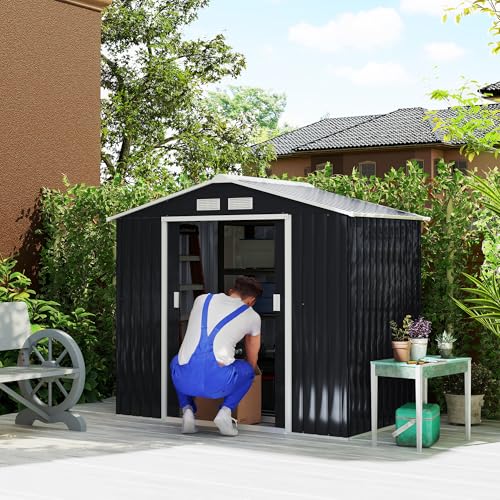 Outsunny 7' x 4' Outdoor Storage Shed, Garden Tool Metal Shed with Foundation Kit, Double Lockable Door, Air Vents and Sloping Roof, for Backyard, Patio, Lawn, Dark Gray
