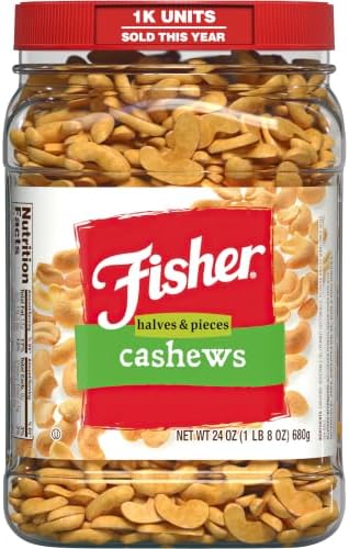 Fisher Snack Cashew Halves and Pieces, 24 Ounces, Roasted with Sea Salt, No Artificial Colors or Flavors, 100% Recyclable